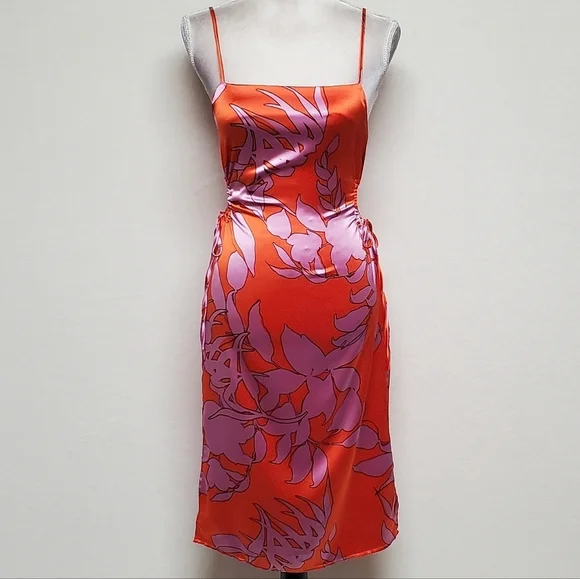 Christian Lacroix Orange Purple Retro Floral Print Satin Cut-out Midi Dress XS